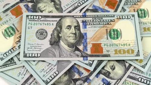 American banknotes value of 100 dollars Us, rotate. Close-Up of banknotes. Cash hundred dollar bill