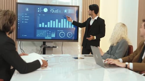 Presentation in office or ornament meeting room with analyst team
