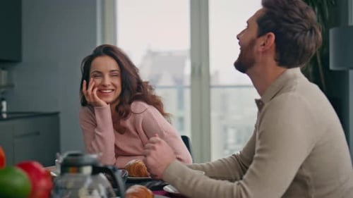 Romantic Couple Talking Morning at City View Kitchen Closeup Woman Laughing