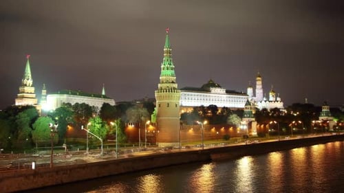 Moscow Kremlin and Ships on River at Night