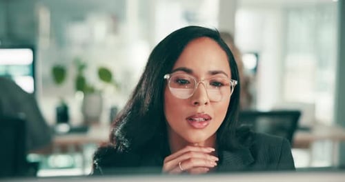 Computer, thinking and reading with business woman in office for planning