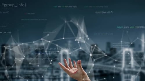 Digital Code Array Overlaid on Cityscape Background Representing Technology, Programming, and Innova