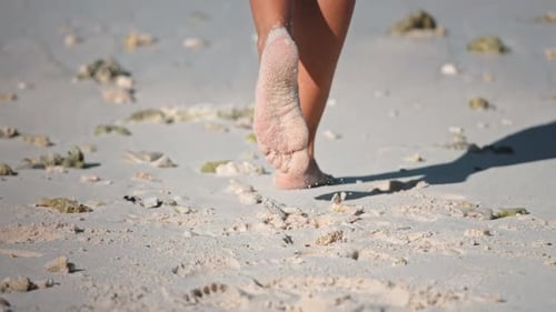 Woman Walking on the Beach Leaving Footprints in the Sand
