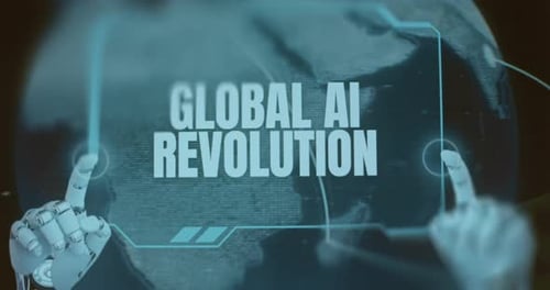 Futuristic Robotic Hands Touching Global AI Revolution Hologram