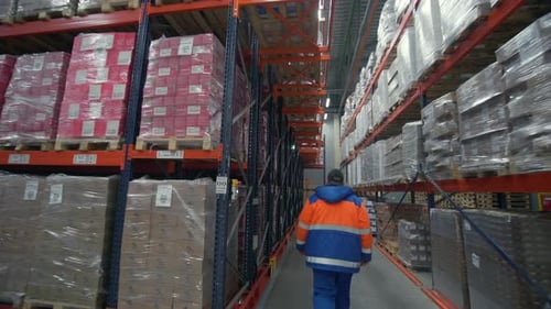 Trabajador de almacén caminando por los pasillos de los estantes de almacenamiento