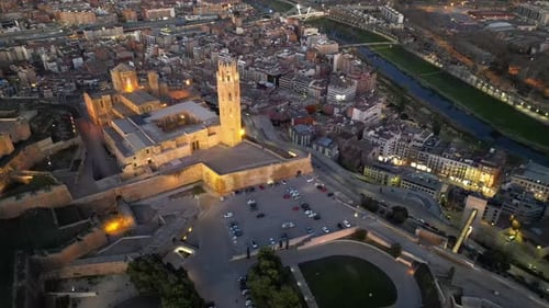 Aerial view of a Gothic-Romanesque cathedral in Lleida, an ancient city in Spain