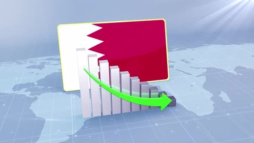 Bahrain Flag With Decrease Bar Chart Graph And Arrow Green
