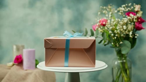 packed delicious cake in a gift box with a bow rotates on a stand on a background of flowers