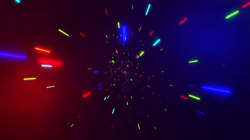 Flying colorful laser glow particles in space. VJ loop animation. Dj visuals effects.