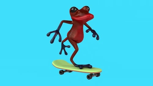 Lustiger 3D-Cartoon-Frosch auf einem Skateboard (mit Alphakanal)
