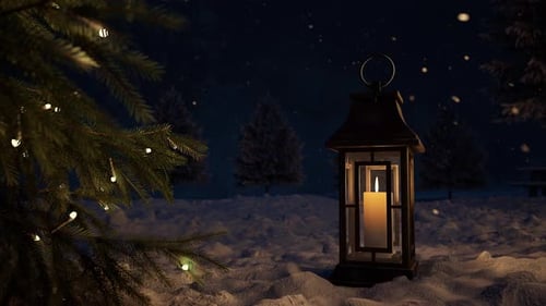 Lantern Casting Warm Light Beside Decorated Christmas Tree At Night