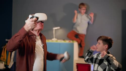 Grandfather Playing VR Game with Family