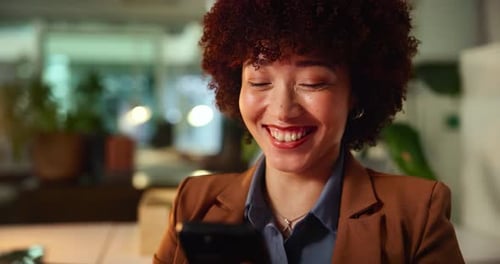 Office, night and businesswoman with smartphone for message, online joke