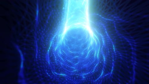 Blue energy tunnel frame made of futuristic particles and lines of energy force field
