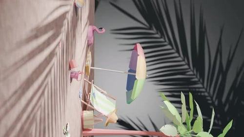 3d rendering animation of holiday vacation in tropical sunny beach concept with umbrella for sunbath