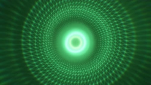 A hypnotic green vortex with a grid-like wireframe tunnel spiraling towards the center
