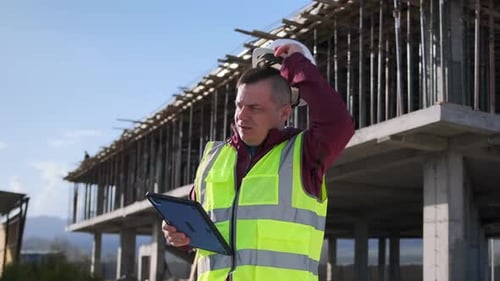 Tired architect engineer with digital tablet in hands takes off his helmet, slow motion