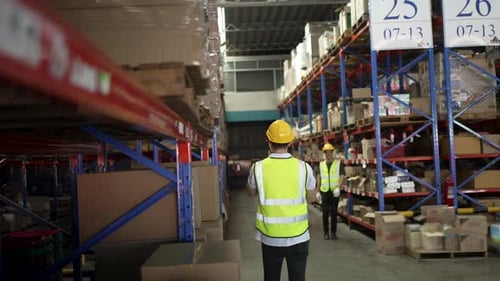 Blue collar workers are working at warehouse.