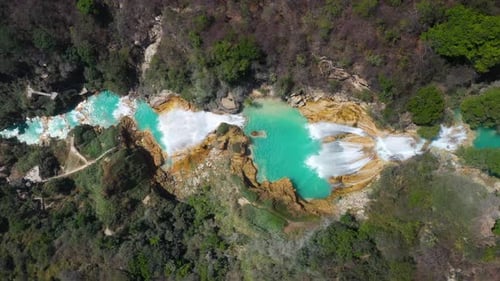 Aerial top down shot of waterfall cascades in tropical mountainside, 4K view