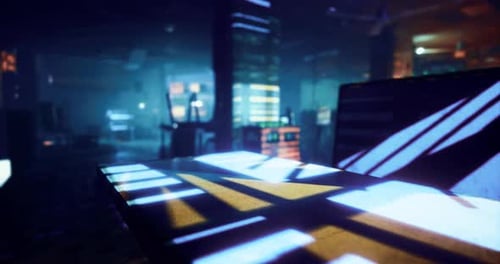 Urban Night Scene with Glowing Lights and Shadows in a Modern Setting