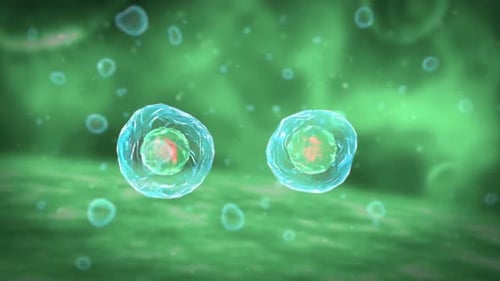 Vibrant blue cell floating in green fluid with glowing particles