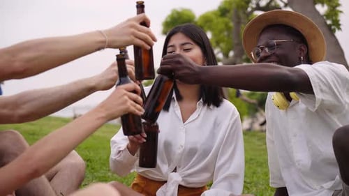 Multiethnic Group of Friends Cheers Beer Outdoors at the Park
