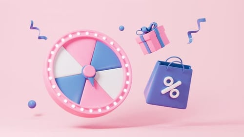 Roda giratória com presentes, cupons de desconto, conceito de promoção de descontos de marketing, renderização 3D.