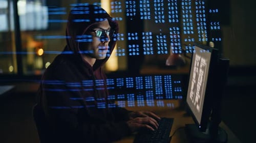 Hacker Breaking Computer System in Data Hologram Closeup Spy Programer Working