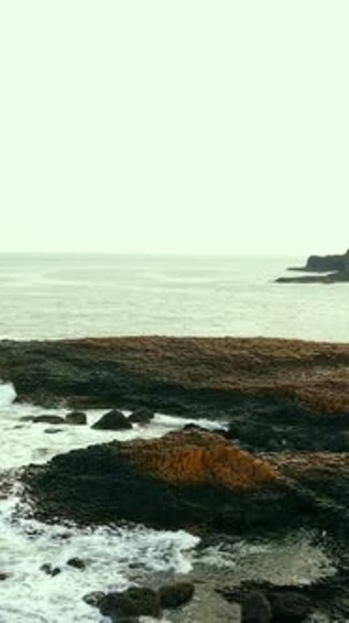 Low travelling social ratio aerial video of The Giant's Causeway in Antrim, Northern Ireland, UK