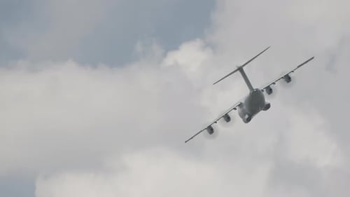 A400 M ATLAS military transport plane during flight with sharp turns