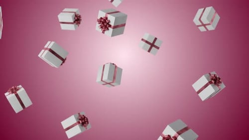 Animated Falling Gift Boxes with Red Ribbons on Pink Background Loop
