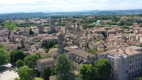 View of beautiful town of Uzes, Gard department, France. Aerial view of the historic town of Uzes, F