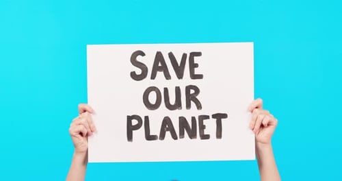 Billboard, protest sign and sustainable in studio, hands or climate change to save the planet by