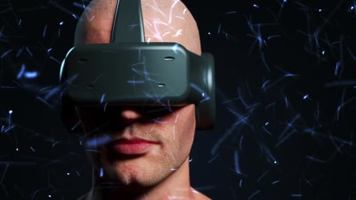 Futuristic VR Headset with Abstract Digital Network Background