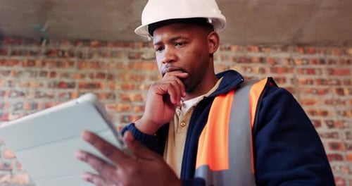 Tablet, black man and thinking at construction site with engineering app