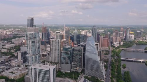 Aerial View of Downtown Austin Texas Showcasing the Modern Skyline and Colorado River Creating a