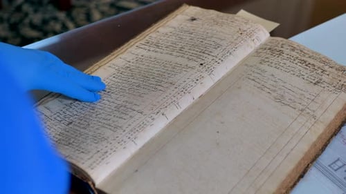 Looking at historical documents or antique ledgers at the Historical Museum and Research library for