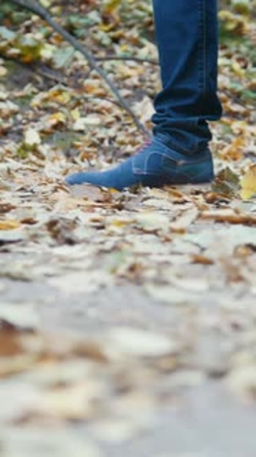 Die Beine eines jungen Mannes und einer jungen Frau laufen im Herbst