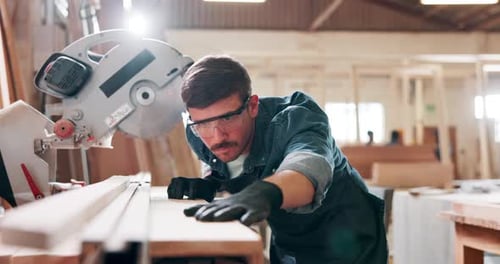 Workshop, wood and male carpenter for construction, project and woodwork with measurement