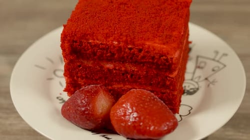 Delicious Red Velvet Cake with Strawberries Close-Up