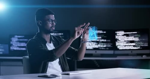 Man, programming and futuristic hologram at night on computer dashboard