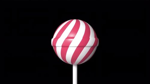 Striped red and white lollipop on stick rotating on alpha channel background. Strawberry lollipop.