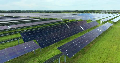 Industrial Solar Photovoltaic Panels Aerial View of Large Sustainable Electrical Power Plant for