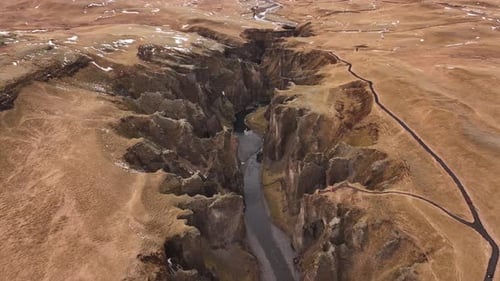 Epic aerial view of Fjaðrárgljúfur Canyon in Iceland