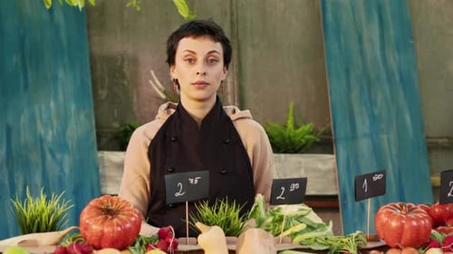 Smiling Woman at Local Produce Market