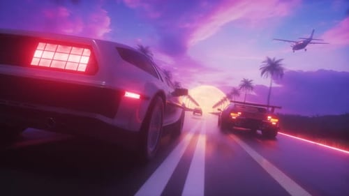 Driving Cars With Endless Road Synth Wave Background Loop