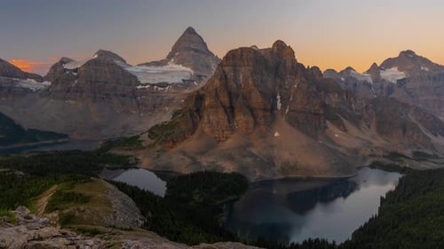 Timelapse. Dawn Above Beautiful Mountain Landscape, Glacier and Lake Under Peaks, Mount Assiniboine,