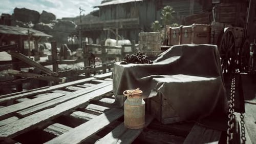Rustic Old West Scene with Wooden Wagon and Historic Props