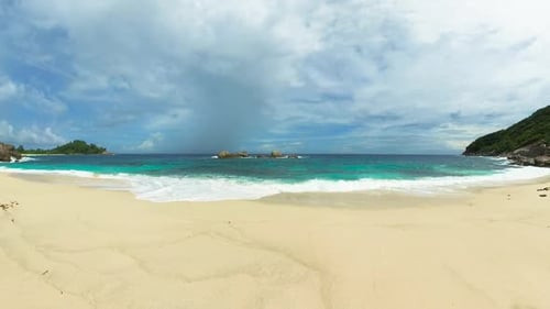 Golden Sandy Beach with Turquoise Water and Palm Trees Seychelles Mahe