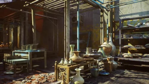 Middle Eastern Souk Marketplace with Pottery and Shifting Sunlight